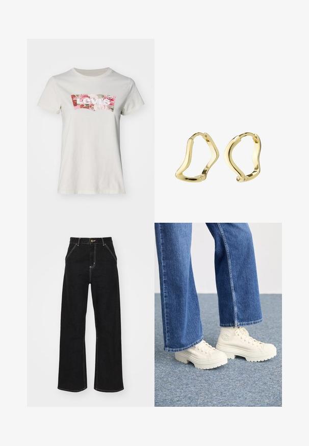 Levi's® T-Shirt print - white swan; Schwarze weit geschnittene Jeans aus Denim, mit kontrastierenden weißen Nähten und einem vorderen Knopfverschluss, ausgestattet mit zwei schrägen Fronttaschen.; Weiße High-Top-Sneaker mit dicken, geriffelten Sohlen und kreisförmigem Logodetail, getragen mit hellblauen, weit geschnittenen Jeans.; Goldene Creolen mit einem fließenden, wellenartigen Design. Glatte Textur, offenes Format und keine sichtbaren Verschlüsse. Minimalistischer und moderner Ausdruck.