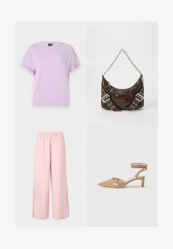 Levandulové tričko s krátkým rukávem vyrobené z měkké látky, s volným střihem a ohrnutými manžetami. Jednoduchý kulatý výstřih bez vzorů nebo ozdob.; Růžové kalhoty s širokými nohavicemi, gumičkou v pase a hladkým povrchem, s volným střihem a rovnou siluetou od pasu až k lemu.; Bežová lakovaná lodička na vysokém podpatku s špičatou špičkou, páskem kolem kotníku a malým blokovým podpatkem, vyzdobená dekorativní sponou.; Tmavě hnědá lakovaná kožená kabelka se stříbrným řetězovým popruhem, ozdobnými dvojitými přezkami a zipovým uzávěrem.