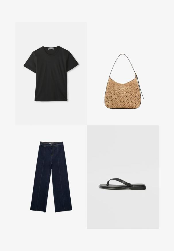 Czarny t-shirt z krótkim rękawem i okrągłym dekoltem, wykonany z bawełny, leży płasko na białym tle, z widoczną metką marki wewnątrz kołnierza.; Szerokie spodnie z ciemnego denimu z kontrastowym przeszyciem, wysoki stan i prosty krój. Posiadają kieszenie z przodu oraz klasyczne zapięcie na guzik.; Czarne klapki wykonane z gładkiej skóry, z cienkim paskiem i płaską podeszwą o minimalistycznym profilu. Brak widocznych wzorów lub akcentów.; Woven straw shoulder bag in a curved shape, with a dark leather strap and a textured surface featuring a chevron pattern.; Złote kolczyki mają nieregularne teksturowane kształty, ozdobione zielonymi kamieniami szlachetnymi i białymi perłami, zapinane na zapięcia typu clip-on.