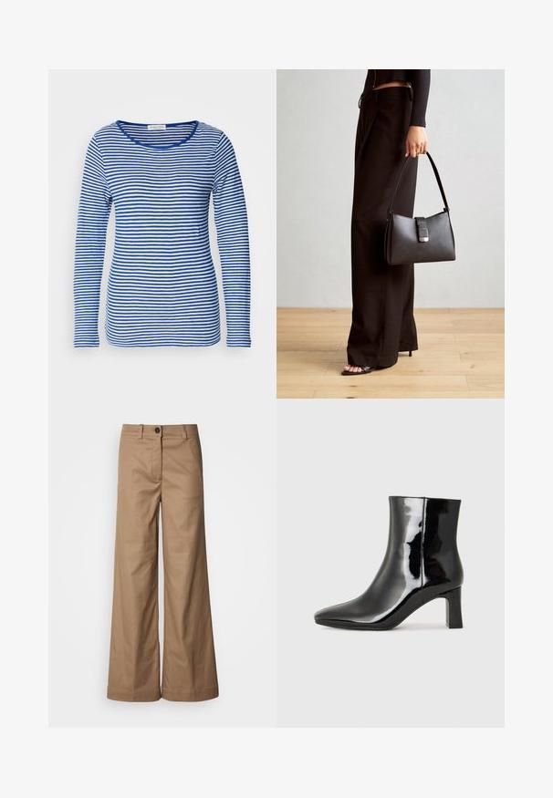 Pika-särg, millel on madal kaelus, ja vahelduvad sinised ja valged horisontaalsed triibud. Valmistatud pehmest ja kergest kangast.; Laiad püksid, valmistatud siledast helepruunist kangast. Omavad eesmine nupukoht, vöökohad ja küljetaskud. Puhtad jooned, ilma nähtavate mustriteta.; Must-sinine nahkjalats musta läikiva viimistlusega, millel on terav nina ja keskmise kõrgusega plokk konts. Sile tekstuur ja minimalistik disain.; Must musta kott, millel on struktureeritud kuju, sile tekstuur ja metallist klamber. Kombineeritud laiate mustade pükstega ja avatud varvaste sandaalidega puidust põrandal.