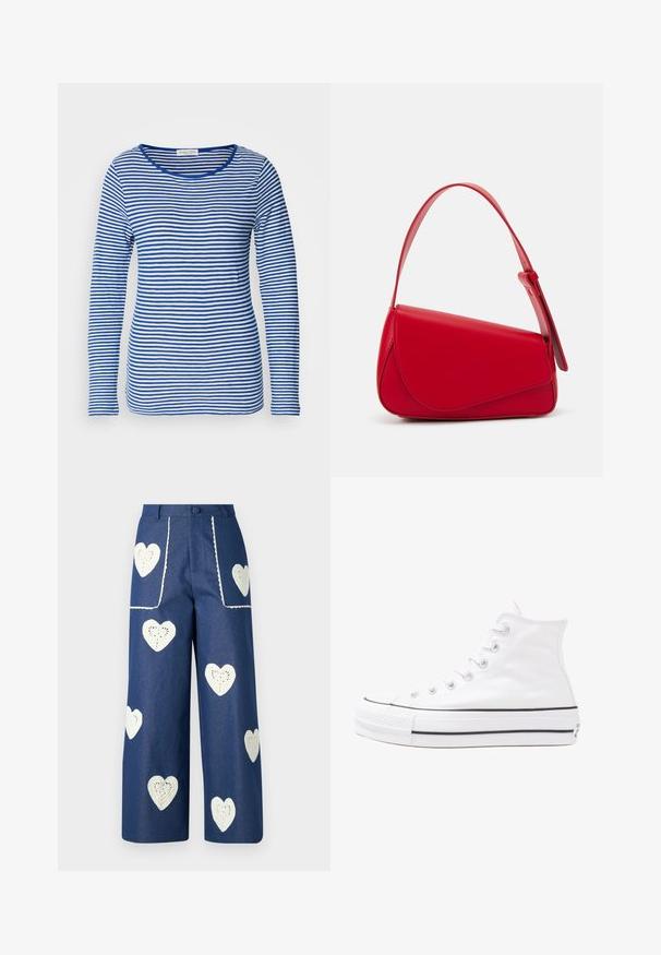 Pika-särg, millel on madal kaelus, ja vahelduvad sinised ja valged horisontaalsed triibud. Valmistatud pehmest ja kergest kangast.; Sister Jane HEART TO HEART - Sirgete säärtega teksad - blue denim; Valge kõrgem kangast tenniseking, millel on must kummist tald, ees kummist varvasetugi ja kuus aukku paelte jaoks, pakkudes puhta ja minimalistliku disaini.; Punane nahast käekott, millel on nurkadega geomeetriline disain. Omab ühte reguleeritavat rihma ja klappidega sulgemist, millel on õmblustega kaunistused.