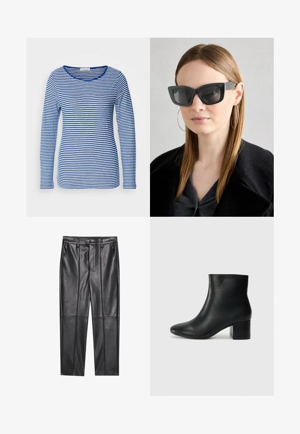 Garā piedurkņu krekls ar apaļu izgriezumu, kurā ir mainīgi zilie un balti horizontāli svītri. Izgatavots no mīkstas, vieglas auduma.; Melni ādas bikses ar gludu tekstūru, taisnas piegriezuma, divi priekšējie kabatas un redzami šuvju izstrādājumi.; Melna ādas potīšu zābaki ar smailu purngalu un masīlu papēdi. Gluda tekstūra ar minimāliem akcentiem un gludu, pieguļošu dizainu.; Melna kaķa acs saulesbrilles ar tumšiem objektīviem, bieziem rāmjiem un smalkiem akcentiem. Valkātas ar melnu mēteļi un pelēku augšu, ar garām taisnām matiem.