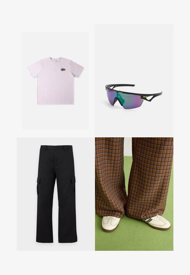 Rožinės spalvos medvilniniai marškinėliai trumpomis rankovėmis, kairėje krūtinės pusėje esančiu mažu daugiaspalviu logotipu. Paprastas, laisvo stiliaus dizainas.; Juodi cargo kelnės su tiesiu kojų dizainu. Pagamintos iš tvirto audinio, turi dvi šonines kišenes su užsegamais dangteliais ir mygtukų užtrauktuką.; Rudos ir mėlynos langelinės plačios kelnės, derinamos su baltais batais su juodais akcentais ir tekstūruotais padais, prieš žalią foną.; Sportiniai saulės akiniai su juodu rėmu, dideliais gradientiniais objektyvais, turinčiais purpurinių ir žalių atspalvių, bei kampuotais dizaino akcentais su logotipo detale.