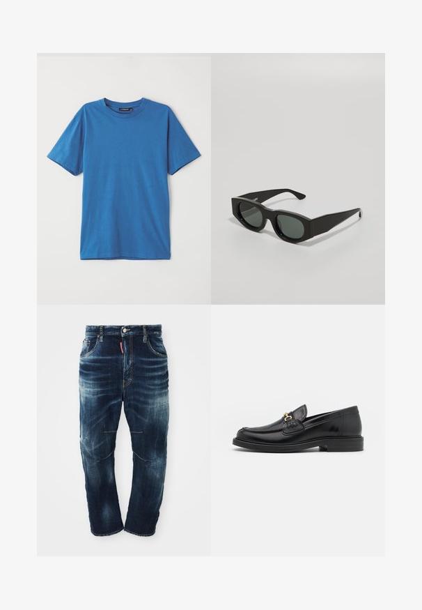 Blå bomullströja med korta ärmar, rundad hals och en jämn textur. Inga mönster eller dekorationer. Enkelt, klassiskt design.; Mörkblå denimjeans med en blekt tvätt, femficksdesign, dragkedja och kontrasterande sömmar. Har lätt slitningar vid knäna.; Svarta läderloafers med rund tå, prydda med guldfärgad detalj och sömnadsdetaljer, placerade på en låg, texturerad gummisula.; Svarta rektangulära solglasögon med gröntonade linser, tjocka bågar och platta stänger som har en slät plaststruktur.