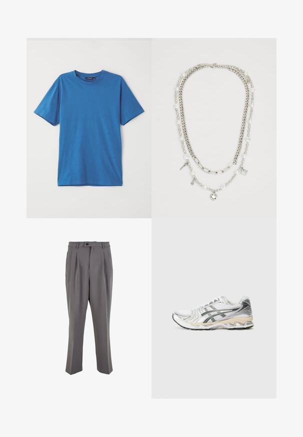 Mėlynas medvilninis marškinėliai su trumpomis rankovėmis, apykakle ir lygiu paviršiumi. Be raštų ar akcentų. Paprastas, klasikinis dizainas.; Pilki klostuoti kelnių iš lygios medžiagos, turintys tiesų kirpimą, vieną mygtuką ir diržo kilpos. Minimalistinis dizainas.; Balti sportiniai bateliai su sidabriniais ir juodais akcentais, tinklinė viršutinė dalis, tekstūruotas dizainas, paminkštintas padas ir lankstus protektoriaus raštas.; Daugiaaukštė karoliai, sudarytas iš sidabrinių grandinėlių ir perlų karoliukų, su pakabukais, įskaitant raktus ir kvadratinį pakabuką. Sklandus paviršius su blizgiu apdaila.