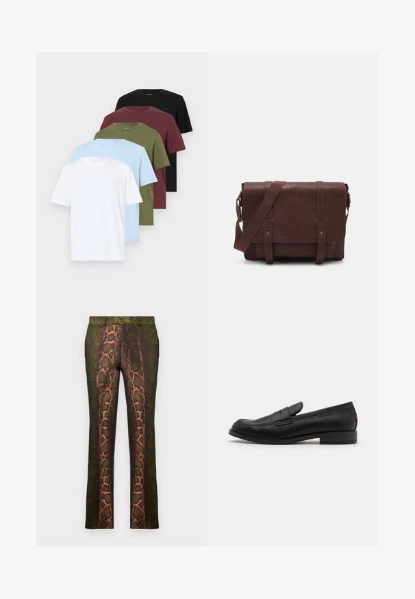 Öt rövidujjú póló fehér, világoskék, olíva zöld, burgundi és fekete színben. Puha pamut anyag, kerek nyakú dizájn.; Zöld mintás nadrág, amely kígyóbőr mintázattal rendelkezik barna és narancssárga árnyalatokban, egyenes fazon és sima textúrával.; Fekete bőr loafer cipők sima felülettel, lekerekített orral és egy kis díszes hajtókával. Alacsony, rakott sarkú és diszkrét márkázási részletekkel rendelkezik.; Barna bőr válltáska, lapos elülső fedéllel, két pánttal, arany színű fém kiegészítőkkel és állítható vállpánttal.