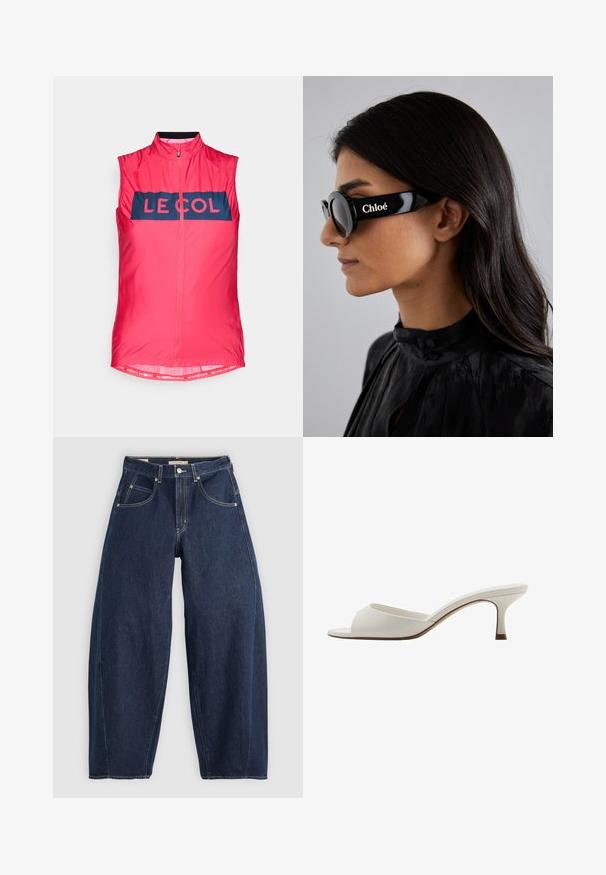 Lehká vesta v jasně růžové barvě s tmavě námořnickým pruhem s logem "LE COL". Obsahuje přední zip a síťovou úpravu na okraji.; Tmavě modré džíny z denimu s volným střihem, světlým prošíváním, pěti kapsami a knoflíkovým zapínáním v pase.; Bílé otevřené lodičky na vysokém podpatku s hladkým povrchem, minimalistickým designem a štíhlým podpatkem, se slabým hnědým akcentem na podrážce.; Černé sluneční brýle s kulatými skly a výraznými, ostrými rámy, na boku s bílým nápisem "Chloé". Hladký, lesklý povrch.; Zelená kožená kabelka s hladkou texturou, zakřiveným tvarem a pleteným držadlem. Obsahuje zipové uzávěr a nastavitelný popruh.