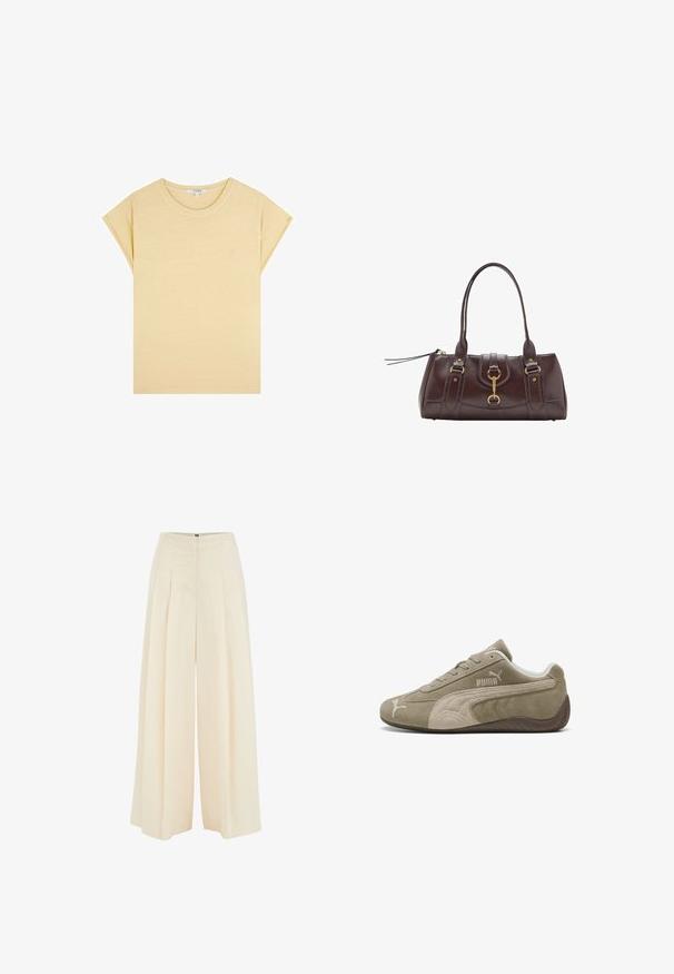 Żółta koszulka z krótkim rękawem uszyta z miękkiego materiału. Ma okrągły dekolt oraz małe, haftowane logo z przodu. Prosty design.; Spodnie o szerokich nogawkach w jasnym beżowym kolorze, z plisowanym przodem, wysokim stanem i gładką fakturą. Brak widocznych elementów metalowych lub wzorów.; Zamszowe sneakersy w jasnobrązowym kolorze z ciemniejszymi akcentami, charakteryzujące się niskim profilem, sznurowanym zapięciem oraz logiem marki z boku.; Ciemnobrązowa skórzana torebka z dwoma górnymi uchwytami, złotymi akcentami metalowymi, detalem z zatrzaskiem z przodu oraz wyszywanymi teksturami po bokach.