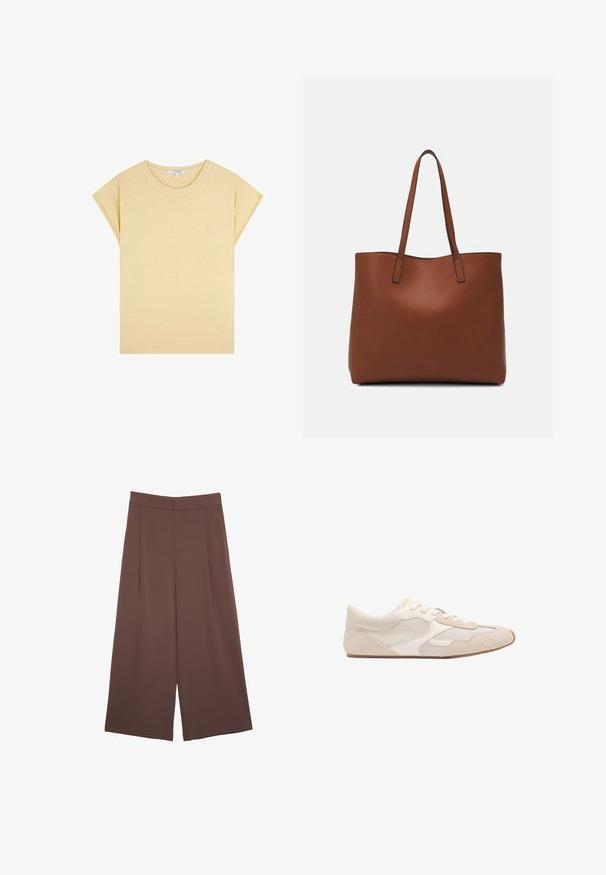 Yellow short-sleeve t-shirt made of soft fabric. Features a rounded neckline and a small, embroidered logo on the front. Simple design.; Brown wide-leg trousers with a smooth texture, featuring a high waist and front pleats. The fabric is lightweight and flows loosely.; Beige athletic shoe featuring a mix of mesh and suede materials, rounded toe, and laces. Textured accents on the upper enhance grip.; Brown leather tote bag with a smooth texture, open top design, and two shoulder straps. Features minimal stitching and no visible hardware.
