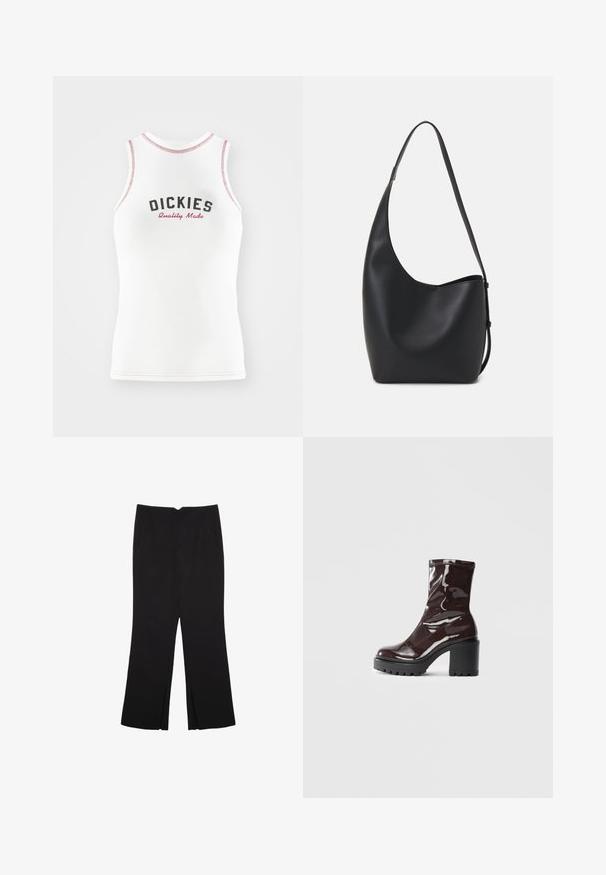 Biela bezrukávová tričko s červeným a čiernym nápisom "DICKIES Quality Made". Obsahuje kontrastné červené prešitie a klasický strih.; Čierne nohavice so strihom rovného strihu, s prednými vreckami a bočnými rozparkami na leme. Vyrobené z mäkkej, hladkej tkaniny. Vhodné na rôzne príležitosti.; Lesklé burgundské kotníkové boty s robustním černým podpatkem, s hladkou strukturou a jednoduchým designem. Bez viditelných zapínání nebo vzorů.; Čierna kožená hobo taška so hladkou textúrou, zakriveným tvarom a jedným nastaviteľným popruhom; má široké otvorenie na vrchu.