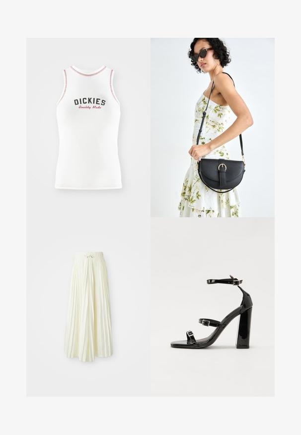 Valge ilma varrukateta T-särk punase ja musta "DICKIES Quality Made" tekstiga. Omab kontrastset punast õmblust ja klassikalist lõiget.; Kergelt kollasel kangast volditud midi seelik, millel on elastne vöökoht koos nööriga, sile tekstuur ja vertikaalsed triibud lisadetailideks.; Mustad läikiva lakknahaga kõrge kontsaga sandaalid kahe pandlaga, kandilised varbad ja jäme plokk-kontsaosa, millel on sile ja läikiv tekstuur.; Mustmust mustraha kõverate joontega, eemaldatava rihmaga ja kuldsete detailidega. Kotil on klapp, millel on pandladetail.