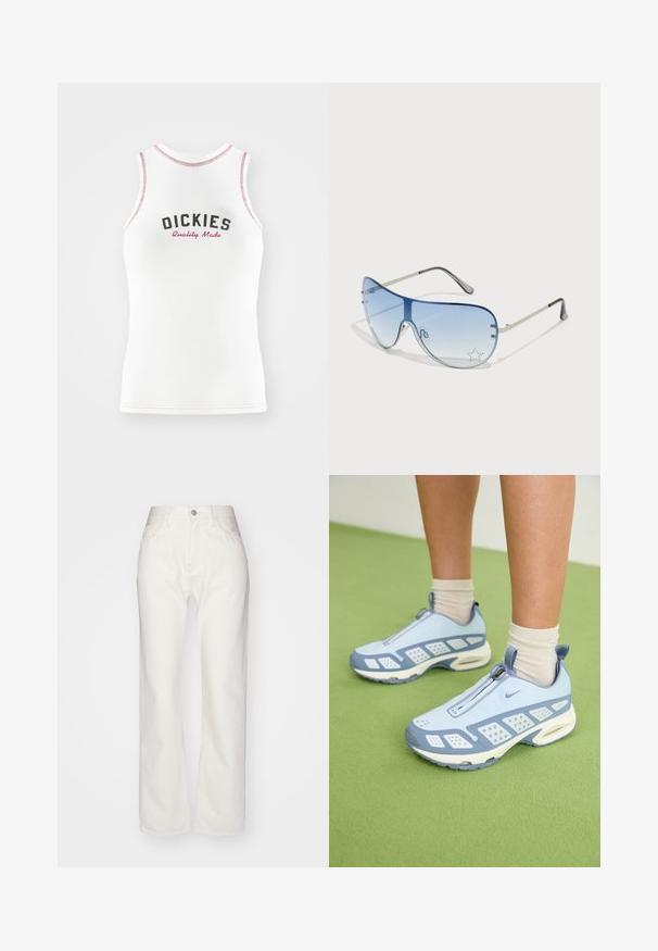 Canotta bianca senza maniche con testo rosso e nero "DICKIES Quality Made". Presenta un bordo cucito di contrasto rosso e una vestibilità classica.; Pantaloni in denim bianco con vita alta e taglio ampio. Presentano chiusura con bottone e zip, passanti per cintura e dettagli di cucitura sottili.; Scarpe da ginnastica azzurro chiaro con dettagli bianchi, pannelli testurizzati e chiusura con zip. Presentano una suola con imbottitura ad aria visibile e una suola in gomma.; Occhiali da sole aviator con lenti blu sfumate, montatura in metallo argentato e decorazioni a forma di stella sulle lenti. Design liscio e sofisticato.