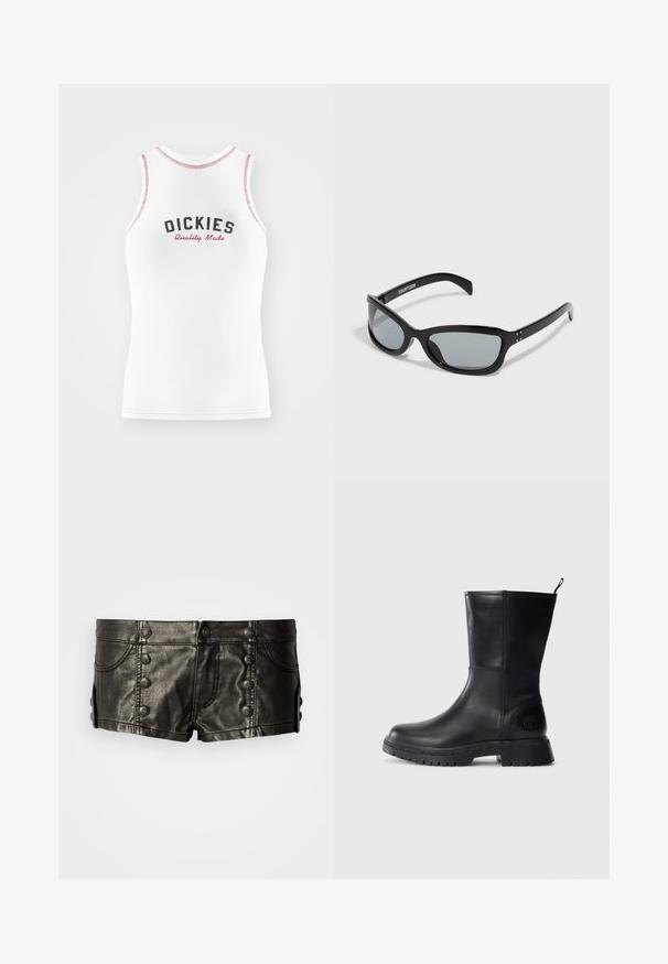 Fehér ujjatlan top piros és fekete "DICKIES Quality Made" felirattal. Különböző piros varrással díszített és klasszikus szabású.; Fekete bőr alacsony derekú rövidnadrág dekoratív fémgombokkal elöl és oldalakon, elülső zsebekkel és varrással díszítve.; Fekete bőr bokacsizma masszív talppal, sima felülettel és logóval az oldalon. A könnyű felvételt segítő húzófüllel rendelkezik.; Fekete napszemüveg, letisztult, szögletes dizájnnal. Szürke lencsék és fényes műanyag keret jellemzi. Kis fém kiegészítők és márkajelzés található a szárán.