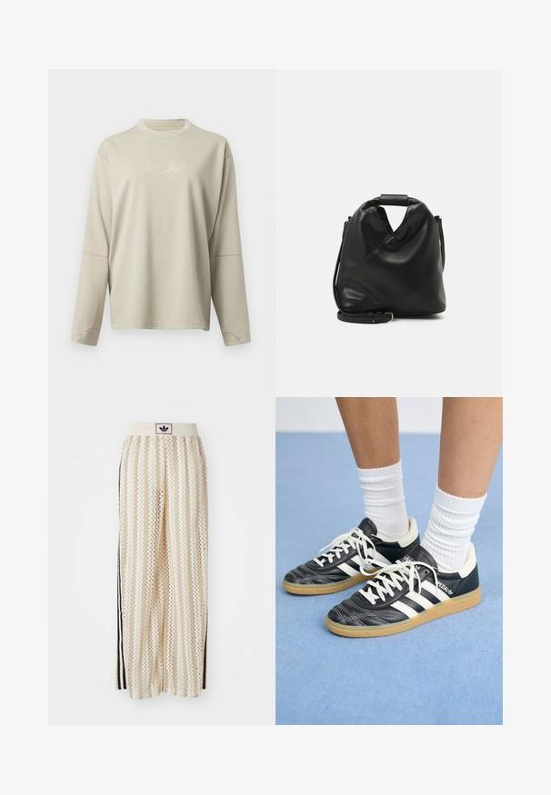 Lys beige langermet mesh-topp med rund hals. Har en svakt preget logo og kontraststing langs sømmene.; Kremfargede bukser med brede ben og zigzag-mønster, med en svart logo-linning og svarte striper på siden. Lett, teksturert stoff.; Sorte lærersneakers med hvite striper, rund tå, hvite snørebånd og såle av gummigummi. Fremhevet med polstret krage og merkeinfos.; Svart, myk lærveske med et unikt vridd design. Har et kort håndtak og en avtakbar skulderrem. Minimalistisk stil.