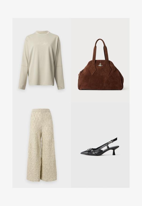 Jasno beżowa bluzka z długim rękawem z siateczki, z okrągłym dekoltem. Posiada subtelnie wytłoczone logo oraz kontrastowe szwy wzdłuż krawędzi.; Spodnie szerokie w jasnym beżu, dzianinowej fakturze z falistym wzorem. Posiadają elastyczny pas dla wygody oraz luźny krój.; Czarne skórzane buty typu slingback z ostrym noskiem, ozdobnymi paskami z metalowymi oczkami oraz niskim klinowym obcasem. Teksturowana powierzchnia.; Brązowa torebka z zamszu o usztywnionym kształcie, zaokrąglonym korpusie i wydłużonych uchwytach w kształcie diamentu. Charakteryzuje się srebrnym zamknięciem.