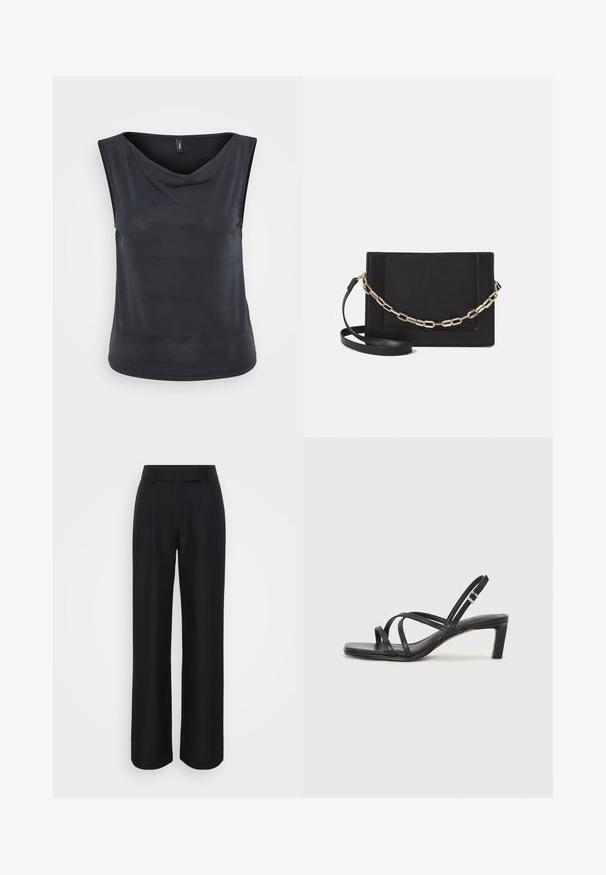 Canotta nera senza maniche con scollo a cappuccio. Realizzata in tessuto liscio e leggero. Presenta una vestibilità rilassata e un orlo arrotondato.; Pantaloni neri a gamba larga realizzati in un tessuto liscio, con vita alta e sottili pieghe frontali; senza motivi visibili o accessori.; Sandalo nero con cinturini, dalla punta squadrata e tacco basso a blocco. Presenta diversi cinturini sottili e una cinturini regolabile alla caviglia. Realizzato in pelle liscia.; Borsa a tracolla nera in pelle con una texture liscia, forma rettangolare e dettaglio in catena metallica sul davanti. Inclusa una tracolla regolabile.
