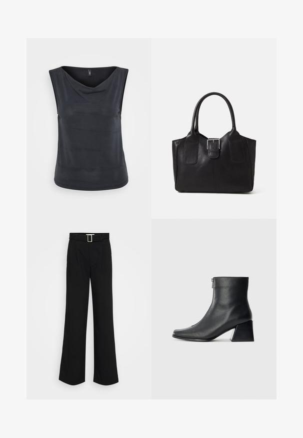 Ermeløs svart topp med en draperingshals. Laget av glatt, lett stoff. Har en avslappet passform og en rund nederkant.; Svarte vide bukser laget av lett materiale, med en glatt tekstur, frontfolding og et belte med firkantet metallspenne.; Sorte skinnankelsko med firkantet tå, glidelås på siden og blokkhæl mot en vanlig lys bakgrunn.; Svart skinn toteveske med jevn tekstur, strukturert form, to håndtak og en fremtredende sølvspenne foran.