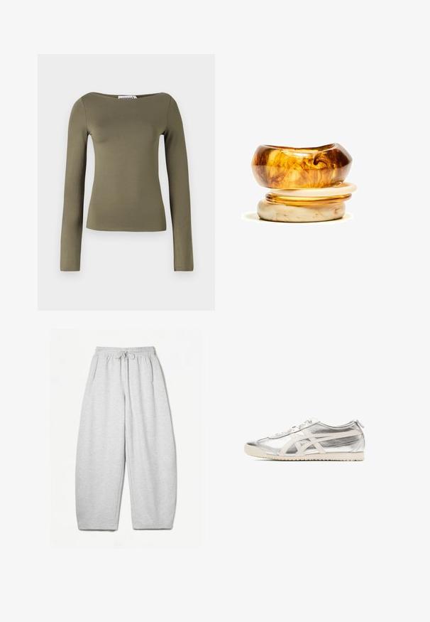 Olivegrünes Langarmoberteil in schmaler Passform, aus einem glatten, elastischen Stoff mit weitem Ausschnitt und minimalen Nähten.; Hellgraue Sweatpants mit entspannter Passform, elastischem Bund, Kordelzug und seitlichen Taschen; aus weichem, strukturiertem Stoff gefertigt.; Silberner Sportschuh mit glänzendem metallischen Obermaterial, hellbeigen Akzenten, flachen Schnürsenkeln und strukturiertem Sohle. Klassisches Design mit stromlinienförmiger Form.; Ein Stapel aus zwei Ringen; der obere ist bernsteinfarben mit Wirbelmustern, und der untere ist hellbeige; beide sind aus glattem und glänzendem Harz.