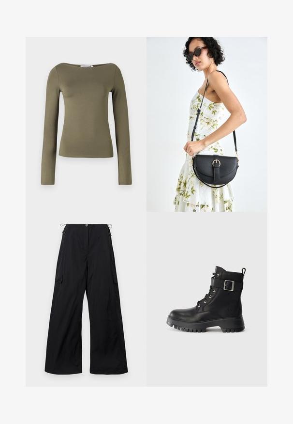 Olive green long-sleeve top in a fitted design, made from a smooth, stretchy fabric with a wide neckline and minimal seams.; Wide-leg black trousers made of lightweight fabric, featuring a button front, drawstring waistband, and side cargo pocket detail.; Black leather combat boot with thick rubber sole, lace-up front, ankle strap with silver buckle, and pull tab at back.; Black leather handbag with a curved shape, detachable strap, and gold hardware. The bag features a flap with a buckle detail.