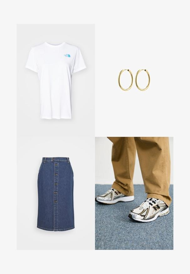 The North Face GLOBE - Potiskana majica - belay blue; Denim svinčnik krilo v temno modri barvi, z sprednjim gumbom, vertikalnimi šivi in klasičnim robom.; Bele in srebrne superge New Balance z črnimi detajli in vezalkami, ki imajo mrežasto zgornji del, oblazinjen podplat in dinamičen dizajn.; Zlate kovinske obročaste uhane z gladko površino, krožno obliko in varnim zapiralom. Polirana površina brez vidnih vzorcev ali dodatkov.