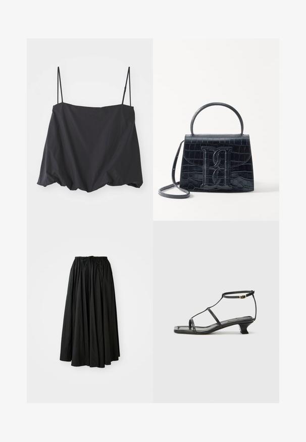 Top nero senza maniche con spalline sottili, vestibilità ampia e orlo arricciato. Realizzato in tessuto leggero con una texture liscia.; Gonna nera, di lunghezza alla caviglia, realizzata in tessuto leggero. Presenta una vita arricciata con cordino per una vestibilità regolabile e una silhouette svasata.; Sandalo in pelle nera con punta quadrata, cinturini sottili, cinturino alla caviglia regolabile e tacco basso. Presenta un piccolo accento dorato sul cinturino.; Borsa in pelle nera con incisione a forma di coccodrillo, dal design strutturato, dotata di manico superiore, tracolla regolabile e un evidente dettaglio logo frontale.