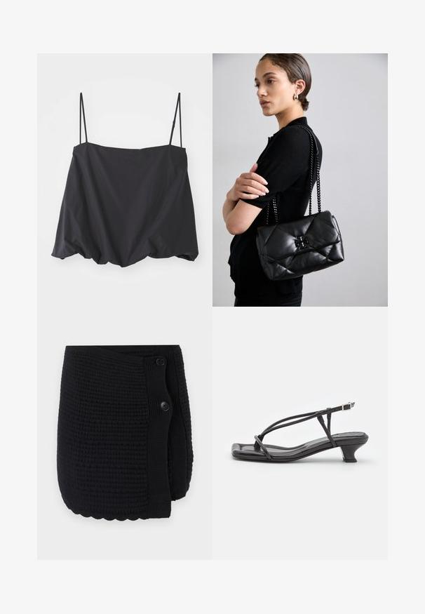 Svart ärmlös topp med tunna axelband, lös passform och rynkad nederkant. Tillverkad av lättviktig tyg med en slät textur.; Svart stickad omslag med ett texturerat mönster, scalloperad nederkant och två stora knappar för stängning. Mjukt material med en mysig design.; Svarta lädersandaler med tunna remmar, låg klack och fyrkantig tå. Har spänne och slät yta.; Svart kviltad läderhandväska med kedjehandtag, med en metallåda på framsidan och en slät yta.