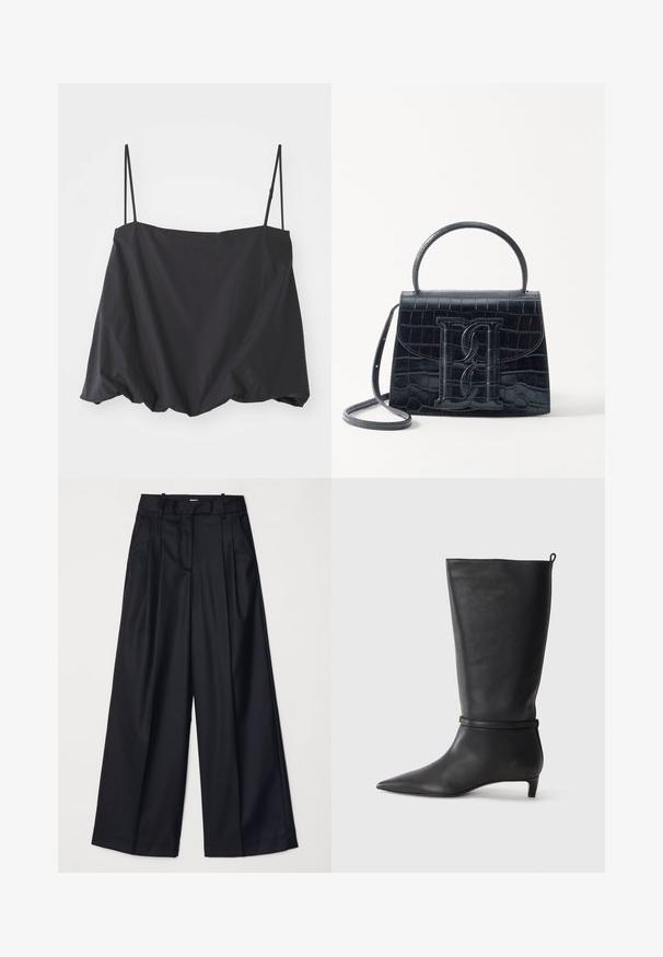Juodas be rankovių viršus su plonomis petnešėlėmis, laisvas siluetas ir surinkta apatinė dalis. Pagamintas iš lengvos medžiagos su lygiu paviršiumi.; Juodos plačios kojų kelnės, pagamintos iš lygaus audinio, su aukštu liemeniu, klostėmis ir pritaikytu dizainu. Paprasta juoda detalių sistema liemens srityje.; Juodas odinis iki kelių botas su smailiu batu, akcentuotas apvaliu diržu aplink kulkšnį ir žemu, siaurėjančiu kulnu. Lygi tekstūra.; Juodas krokodilo rašto odinis rankinės krepšys su struktūruotu dizainu, viršutine rankena, reguliuojamu dirželiu ir išsiskiriančiu priekinio logo detale.