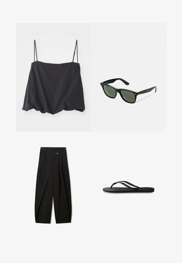 Czarny bezrękawnik z cienkimi ramiączkami, luźny krój i marszczony dół. Wykonany z lekkiego materiału o gładkiej fakturze.; Czarne spodnie szerokie z gładkiego materiału, z przodu z plisami, zapinane na guzik, zaprojektowane w zwężający sposób dla uzyskania zdefiniowanej sylwetki.; Czarne klapki z teksturowaną gumową podeszwą, dwiema smukłymi paskami oraz subtelnym, wytłoczonym logo na pasku.; Czarne plastikowe okulary przeciwsłoneczne z zielonymi szkłami, kwadratowe oprawki, srebrny akcent na brwi oraz fakturowane ramiona temple. Nazwa marki podana na wewnętrznej stronie ramion.; Czarna skórzana torba na ramię o strukturalnym prostokątnym kształcie. Posiada złoty owalny zamek i cienki pasek na ramię. Gładka faktura.