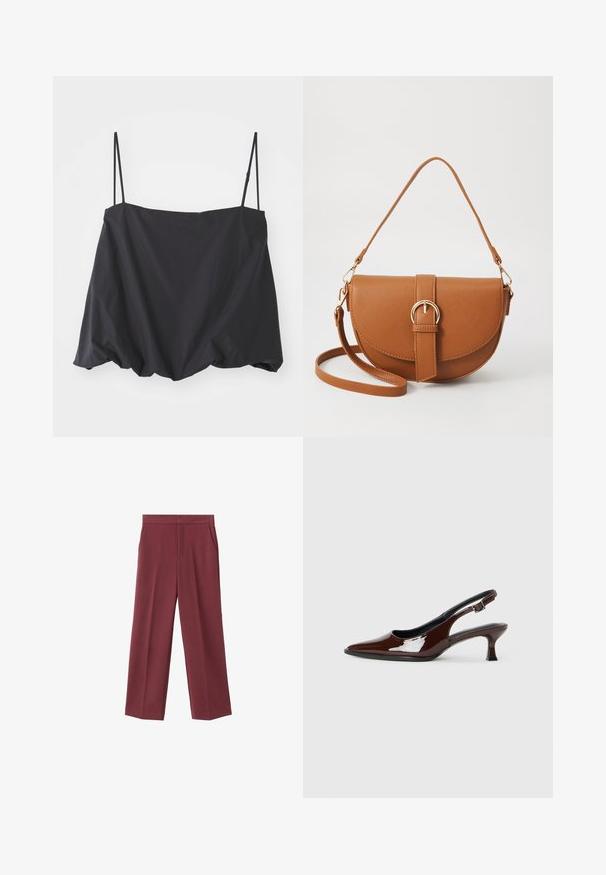 Sort ærmeløs top med tynde stropper, løs pasform og rynket kant. Lavet af letvægtsstof med en glat tekstur.; Bordeaux bredde bukser med en glat tekstur, der har sidelommer og et højt talje design. Skræddersyet med en ren frontfold.; Brun patenteret læder slingback sko med spids tå og en moderat hæl. Har en spænde rem for en sikker pasform. Glat tekstur.; Brun læder crossbody taske med en buet form, guldfarvet hardware og en spændeaccent. Har en aftagelig skulderrem.
