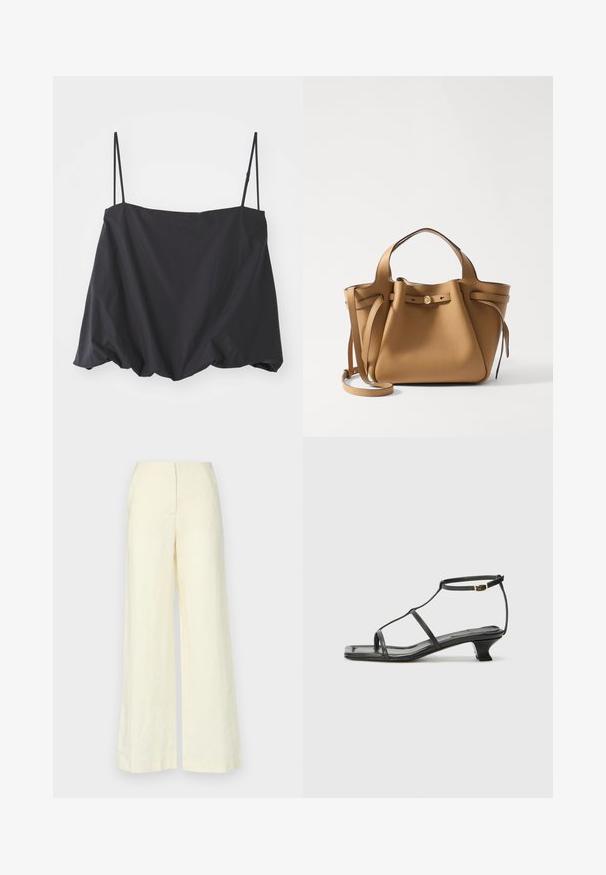 Črna brezrokavna majica s tankimi naramnicami, ohlapen kroj in zbrani rob. Narejena iz lahkega blaga z gladko teksturo.; Faithfull the brand LULEA PANT - Hlače - white; Črne usnjene sandale s kvadratnim prstom, tankimi trakovi, nastavljivim trakom okoli gležnja in nizko peto. Imajo majhen zlat akcent na traku.; Tory Burch ROMY PEBBLED SATCHEL - Torbica - tiramisu