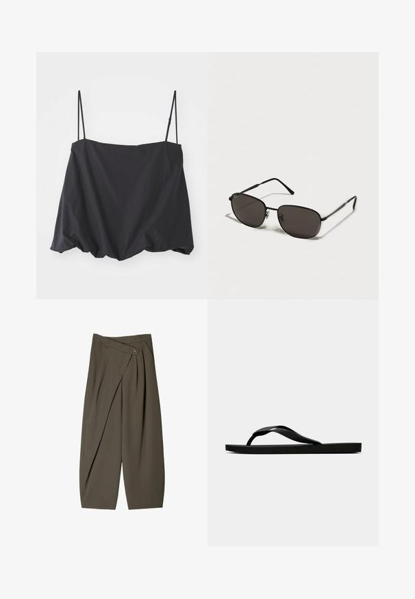 Fekete ujjatlan felső vékony pántokkal, laza szabással és gyűrt alsó résszel. Könnyű anyagból készült, sima textúrával.; Széles szabású sötét olívazöld nadrág, pleated elülső kialakítással, gombos záródással és fényes, texturált felülettel.; Fekete gumipapucs, textúrált pánttal és egyszerű lapos talppal, oldalnézetből, világos háttér előtt.; Fekete fém napszemüveg ovális kerettel, sötét lencsékkel, karcsú szárakkal és diszkrét logóval a bal lencsén. Elegáns, minimalista dizájn.