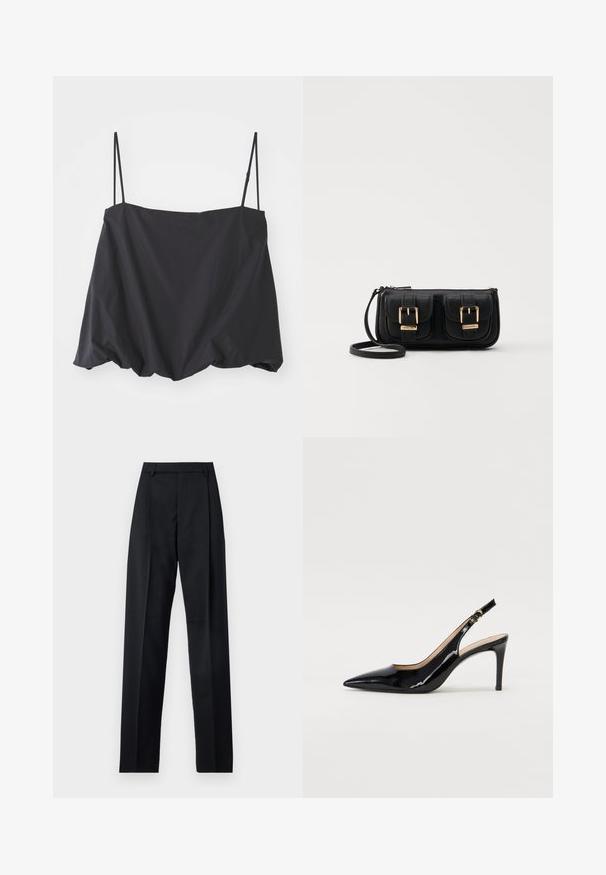 Juodas be rankovių viršus su plonomis petnešėlėmis, laisvas siluetas ir surinkta apatinė dalis. Pagamintas iš lengvos medžiagos su lygiu paviršiumi.; Juodos kelnės iš lygaus audinio, pasižyminčios aukštu liemeniu, plačiomis kojomis, priekinėmis klostėmis ir klasikiais diržo kilpomis. Šoninių kišenių nematyti.; Juodas lakinės odos slingback batelis su smailiu nosiu, plonu kulnu ir subtiliu išpjovos dizainu. Yra auksinė sagtis ant dirželio.; Juodas odinis per petį nešiojamas krepšys su dviem priekiniais kišenėmis, auksiniais sagtimis, užtrauktuko uždarymu ir siauromis petnešomis. Textūruota paviršius ir kompaktiškas stačiakampis formatas.