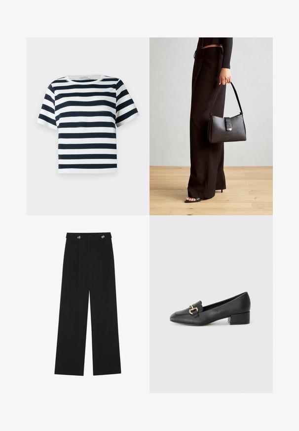 Jūras spēku un baltas svītras īsām piedurknēm T-krekls, ar apaļu kakla izgriezumu un brīvu piegriezumu, izgatavots no mīksta kokvilnas materiāla.; Melnas platās bikses ar augstu jostasvietu, pogu detaļām uz jostas un priekšējām krokām.; Melnas ādas loafers ar plakanu papēdi, kurām priekšā ir dekoratīvs zelta aparatūras elements un gluda tekstūra.; Melnā somiņa ar strukturētu formu, gludu tekstūru un metālu sprādzi. Saskaņota ar platām melnām biksēm un sandālēm ar atvērtu purngalu uz koka grīdas.