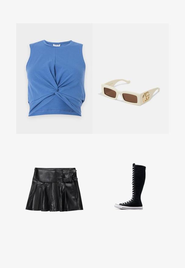 Mėlynas bepetis trikotažas su mazgo dizainu priekyje. Pagamintas iš švelnaus, elastingo audinio su lygia tekstūra. Apskritas iškirpimas.; Juodas odinis sijonas su kiekiais, platus liemuo ir dvi sagties detalės šone. Lygi tekstūra su blizgiu paviršiumi.; Juodos aukštos sportinės bateliai su aukštu dizainu, pagaminti iš kanvo. Su baltais raišteliais, siūlėmis ir guminėmis padais su pirštų kepurėle.; Balti stačiakampiai saulės akiniai su rudais lęšiais. Šone yra ryškus auksinis GG logotipas. Pagaminti iš struktūrinės plastiko medžiagos.; Siuvinėta balta rankinė, pagaminta iš sintetinio medžiagos, su auksiniu grandinės rankenėle ir logotipo plokštelėmis, turinti išlenktą formą ir tekstūruotą paviršių.