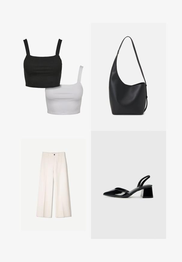 Zwei ärmellose Crop-Tops, eines schwarz und eines weiß, aus glattem Material, mit quadratischen Ausschnitten und verstellbaren Trägern.; Cremfarbene weitem Hosen mit maßgeschneidertem Design, ausgestattet mit zwei vorderen Taschen und einem vorderen Knopfverschluss, aus glattem Stoff gefertigt.; Schwarze Lackleder-Slingback-High Heels mit spitzem Schuh und einem geometrischen Blockabsatz. Verfügt über ein schlankes, minimalistisches Design und eine glatte Textur.; Schwarze Leder-Hobo-Tasche mit einer glatten Textur, geschwungener Form und einem einzelnen verstellbaren Tragegurt; verfügt über eine weite Öffnung am oberen Ende.