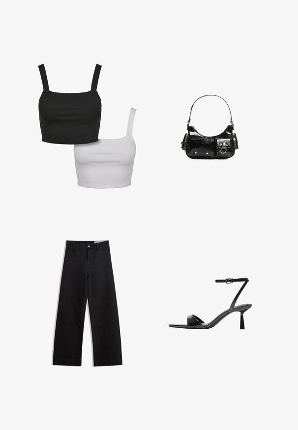 Két ujjatlan crop top, az egyik fekete, a másik fehér, sima anyagból készült, négyzet alakú nyakkivágással és állítható pántokkal.; Fekete, bő szabású farmernadrág magas derékkal, elülső és hátsó zsebekkel, varrott felületekkel és gombos záródással. Sima textúra.; Bershka Magas sarkú szandálok - black; Fekete lakkbőr kézitáska ívelt formával, egy vállpánttal, elülső zsebekkel és ezüstszínű fémrészletekkel.