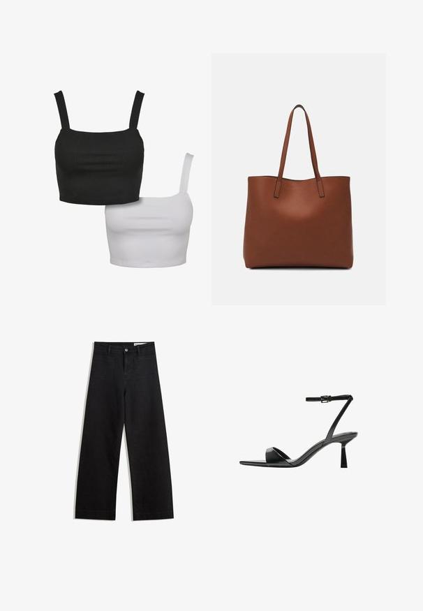 Kaksi hihattomia lyhyitä paitaa, yksi musta ja yksi valkoinen, valmistettu sileästä kankaasta, jossa on neliön muotoiset kaula-aukot ja säädettävät hihnat.; Mustat leveät farkut korkealla vyötäröllä, joissa on etu- ja takataskut, ommellut saumat ja nappisuljenta. Silkinoinen rakenne.; Bershka Korolliset sandaalit - black; Ruskea nahkainen olkalaukku, jossa on sileä pinta, avoin yläosa ja kaksi olkahihnaa. Omaavat vain minimaalisen ompelun eikä näkyvää metalliosaa.