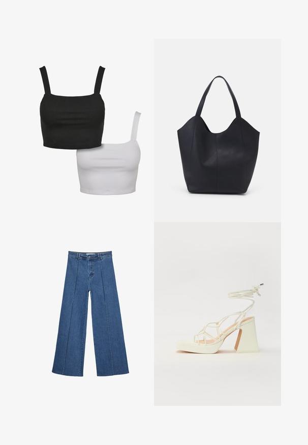 Dva brezrokavnikova kratka topa, en črn in en bel, izdelana iz gladkega materiala, z kvadratnimi izrezi in nastavljivimi naramnicami.; Jeans širokih nogavic v srednji modri barvi, z visokim pasom, gumbom in kontrastnimi navpičnimi šivi spredaj.; Bela sandala na visokih petah s debelim petam, ki ima obliko trakcev in vezanje okoli gležnja. Gladka tekstura z platformo spredaj za dodatno višino.; Črna torba v obliki tote iz gladke usnjene površine, ki ima ukrivljen odprt vrh z dvema naramnicama in minimalističnim dizajnom.