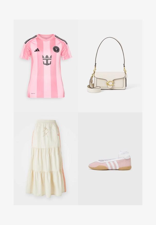 adidas Performance INTER MIAMI HOME MESSI - Jalgpalli jersey-särk - easy pink; Kreemivärvi mitme kihiga midi seelik, millel on elastne vöökoht ja nöör. Omab oranže külgi triibu ja pehmet, sileda puuvilla tekstuuri.; adidas Originals TAEKWONDO MEI BALLET - Tossud - clear pink/ftwr white/gum; Kreem värvi nahk kõige tugevama disainiga käsitasku, kontrastsete mustade ääride, kuldsete metallist detailide ja eemaldatava rihmaga, millel on allkirja logo.