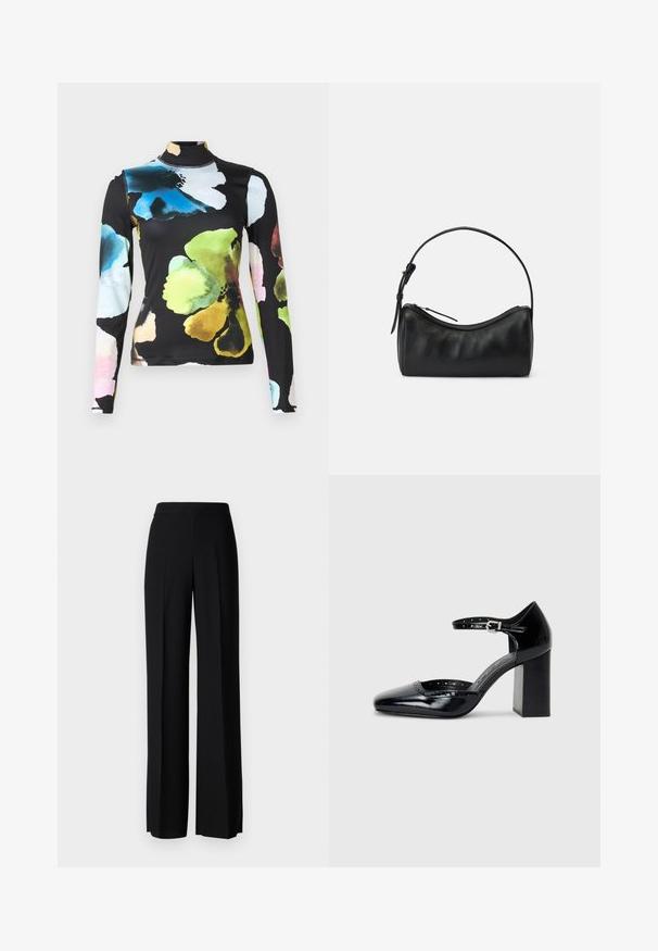Μακρυμάνικο μπλουζάκι από ελαστικό ύφασμα, με μαύρο φόντο και μεγάλα, πολύχρωμα λουλουδάτα σχέδια σε μπλε, πράσινες και ροζ αποχρώσεις.; Μαύρο παντελόνι με φαρδιά πόδια και λεία υφή, με ψηλό καβάλο και κεντρικές πτυχές. Χωρίς ορατά σχέδια ή μεταλλικά στοιχεία.; Μαύρα παπούτσια ψηλοτάκουνα από πατενέ δέρμα με τετράγωνη μύτη, λουρί στον αστράγαλο και χοντρό τακούνι. Περιλαμβάνει διάτρητο σχέδιο γύρω από την άκρη.; Μαύρη δερμάτινη τσάντα ώμου με καμπυλωτό σχέδιο, φερμουάρ κλεισίματος και λεπτό λουρί. Διαθέτει λεία υφή και διακριτές ραφές.