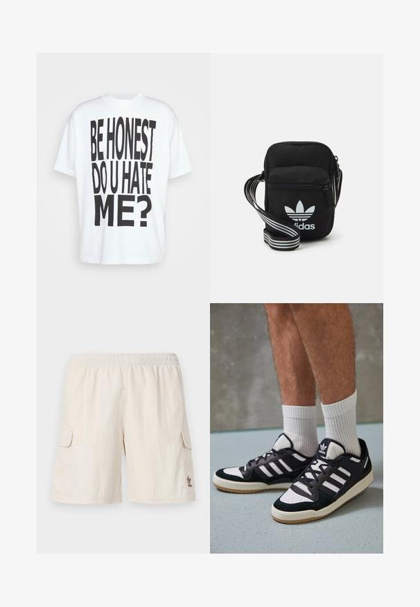Jaded London LA HONESTY TEE - Apdrukāts T-krekls - white; Beige kravas šorti ar elastīgu jostu, divām sānu kabatām un nelielu logotipu apakšējā labajā stūrī. Gluda, viegla auduma.; Melnas un baltas kedas ar zamša un ādas augšdaļu, kas aprīkotas ar trim baltām svītrām, perforētu purngali un gumijas zolēm.; Melna auduma crossbody soma ar rāvējslēdzēja aizdari, kurai ir balts Adidas logo un svītrainas regulējamas siksnas ērtiem pārvietošanās veidiem.