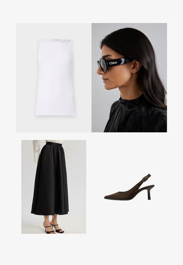 Biela bezrukávová blúzka z rypsového materiálu. Má rovný strih a široký okrúhly výstrih. Hladká textúra bez viditeľných vzorov alebo akcentov.; Čierna maxi sukňa vyrobená z hladkej tkaniny, s nariaseným pásom a voľným dizajnom, skombinovaná s čiernymi sandálmi na opätku.; Hnedé semišové slingback lodičky s ostrou špičkou, štíhlym dizajnom, tenkým opätkom a sponou na remienku okolo členka.; Čierne slnečné okuliare s okrúhlymi šošovkami a odvážnymi, ostrými rámami, na boku so značkou "Chloé" napísanou bielou farbou. Hladký, lesklý povrch.; Zlatý obdĺžnikový náramkový hodinky s bielym ciferníkom, striebornými indexmi a odolným kovovým náramkom. Obsahuje vodoodolnú funkciu.