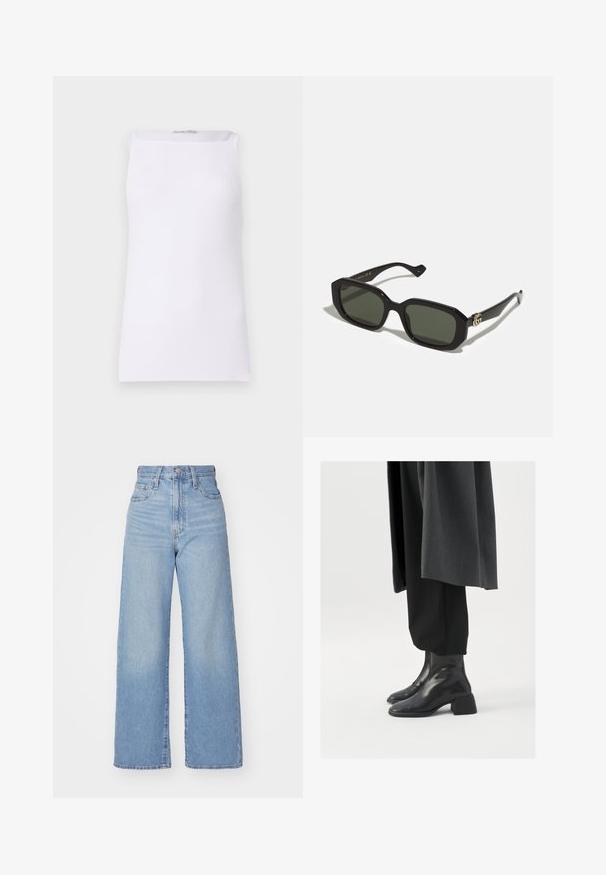 White sleeveless top made of ribbed fabric. Features a straight cut and wide scoop neckline. Smooth texture with no visible patterns or accents.; Light blue high-waist wide-leg jeans with front button and zip closure, front and back pockets, on a white background.; Black leather ankle boots with a square toe and chunky heel, worn with loose black trousers and a dark gray coat. Smooth surface texture.; Black rectangular sunglasses with solid green lenses, featuring a glossy finish and a gold logo accent on the side.