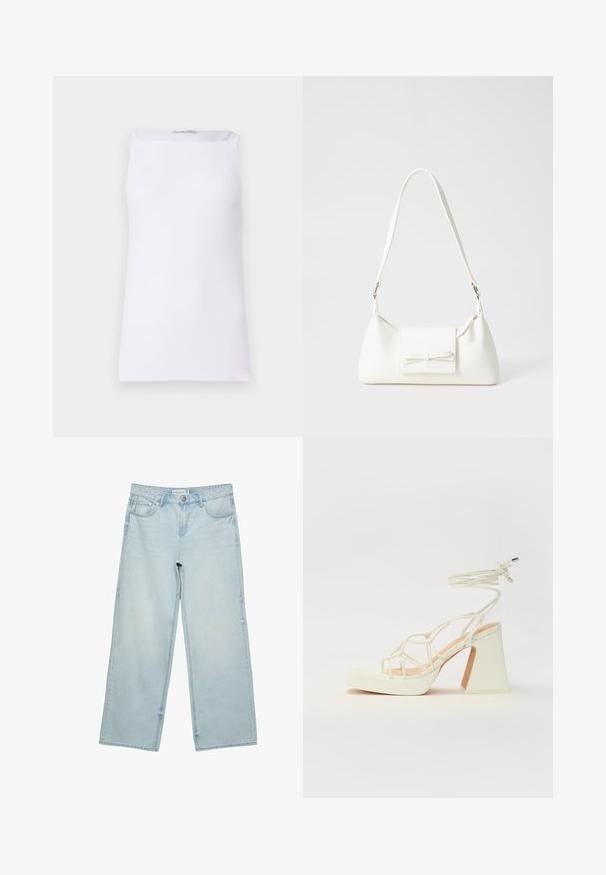 Biała bezrękawnik wykonany z prążkowanej tkaniny. Charakteryzuje się prostym krojem i szerokim dekoltem w serek. Gładka tekstura bez widocznych wzorów czy akcentów.; Jasnoniebieskie jeansy o szerokich nogawkach, wykonane z denimu, z wysokim stanem, pięcioma kieszeniami i delikatnym efektem wyblaknięcia. Prosty krój z wykończonymi brzegami.; Biała sandał na wysokim obcasie z masywnym słupkiem, z paskowym wzorem i wiązaniem przy kostce. Gładka faktura z platformą z przodu dla dodatkowej wysokości.; Biała syntetyczna torba o trójkątnym kształcie, płaskim przednim klapce i detalach w postaci kokardy, regulowanym pasku, gładkiej fakturze oraz minimalistycznym designie.