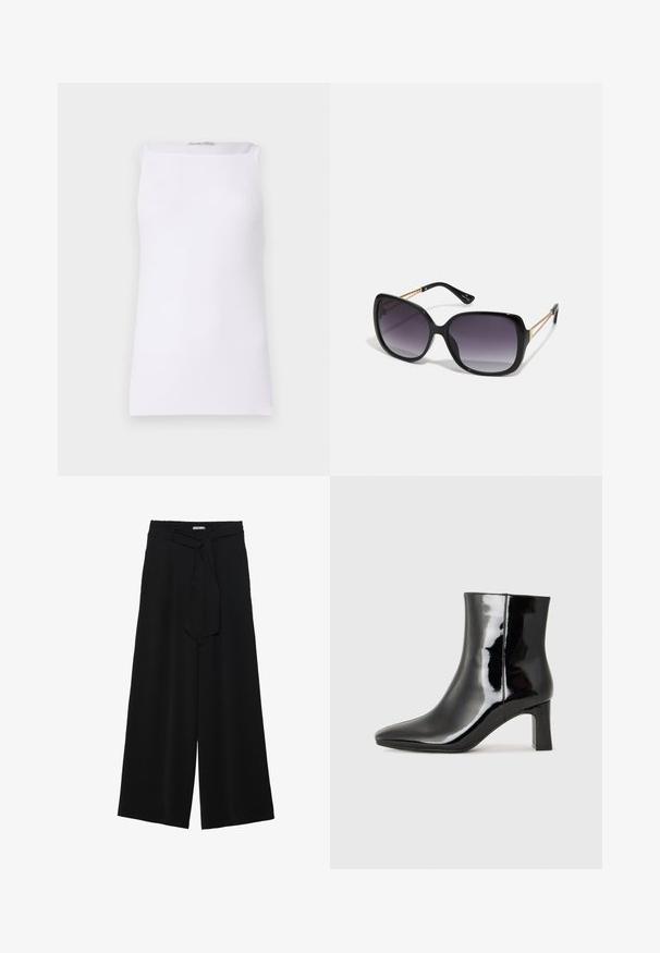 Weißes ärmelloses Top aus Rippstoff. Hat einen geraden Schnitt und einen weit ausgeschnittenen Rundhalsausschnitt. Glatte Textur ohne sichtbare Muster oder Akzente.; Schwarze weite Hosen aus strukturiertem Stoff, mit elastischem Bund und einem abnehmbaren Bindegürtel in der Taille für eine verstellbare Passform.; Schwarzer Lackleder-Stiefelette mit spitzer Zehe und einem mittelhohen Blockabsatz. Glatte Textur und minimalistisches Design.; Schwarze übergroße Sonnenbrille mit getönten Gläsern, dicken Rahmen und goldfarbener Kettendetaillierung an den Bügeln.; Schwarze Handtasche mit strukturierter Form, glatter Textur und einem metallischen Verschluss. Kombiniert mit weiten schwarzen Hosen und offenen Sandalen auf einem Holzboden.