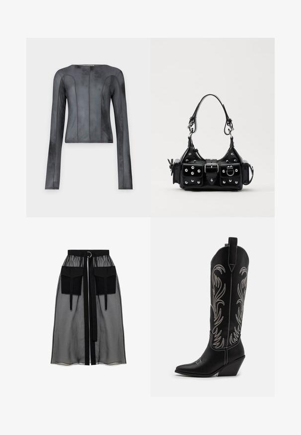 Dug mad rukavima izrađen od glatkog tamno sivog materijala. Ima uski kroj s vertikalnim šavovima, zaobljenim izrezom i minimalnim šavovima.; Crna prozirna suknja s nabranim pojasom, koja ima dva velika prednja džepa, remen oko struka i okrugli metalni detalj.; Crne kožne kauboj čizme s šiljastim prstima, klinastim potpeticama i srebrnim izvezenim cvjetnim uzorcima duž osovine. Kontrastni šavovi posvuda.; Crna kožna torba s zakrivljenim dizajnom, koja sadrži srebrne zakovice, kopču i dva bočna džepa. Podesiva traka za različite opcije nošenja.