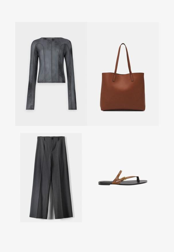 Top cu mânecă lungă, fabricat dintr-un material fin, gri închis. Are o siluetă ajustată, cu cusături verticale, decolteu rotunjit și cusături minime.; Pantaloni evazați din țesătură gri închis, cu închidere cu buton, pliseuri frontale și curea. Textură netedă cu un design ajustat.; Sandale din piele de culoare tan, cu detaliu din aur la cataramă, talpă plată de culoare neagră și design minimalistic, având o textură fină.; Geantă de umăr din piele maro cu o textură netedă, design cu vârf deschis și două curele pentru umăr. Prezintă cusături minime și fără componente metalice vizibile.