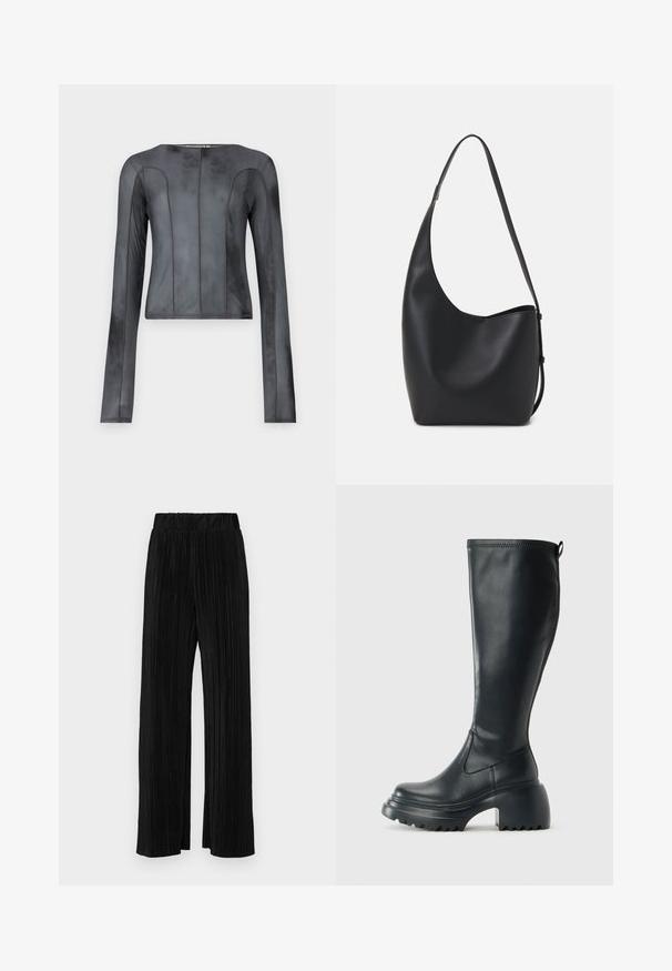 Pikkade varrukkatega särk, mis on valmistatud siledast tumehallist kangast. Tunnusjooneks on istepuu siluett, vertikaalsed õmblused, ümar kaelus ja minimaalne õmblustöö.; Mustad pleekitud püksid elastse vöökohtaga. Omavad laiad jalad ja sujuvat, tekstureeritud kangast vertikaalsete triipudega.; Kõrge must nahksaapad, millel on massiivne platvormi tald ja blokk-kand, varustatud tõmbenööriga ja tekstuuriga väljatõmbejääk.; Mustast nahast hobo kott, millel on sile tekstuur, kumer kuju ja üks reguleeritav rihm; peal on lai avaus.