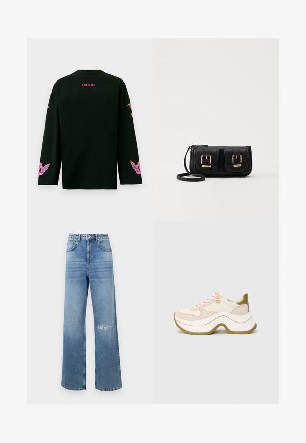 Svart langermet skjorte med rund hals. Har rosa tekst "STIEGLITZ" på baksiden og fargerike blomsterdesign på ermene.; Lyseblå vide jeans i denimstoff, med høy midje, fem-lomme-design, og "STIEGLITZ" brodert på venstre lår.; Beige og hvite chunky sneakers med bølgete tykk såle, olivenfarger, snøring og liten gull merkecharms på siden, på en enkel grå bakgrunn.; Svart skinn crossbody veske med to frontlommer, gyldne spenner, glidelåslukking og en slank stropp. Teksturert overflate og kompakt rektangulær form.