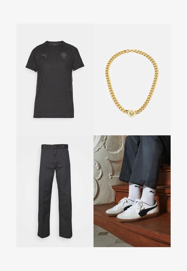 Čierne športové tričko s krátkymi rukávmi a okrúhlym výstrihom, ktoré má jemnú horizontálnu textúru a na hrudi je umiestnené kruhové logo klubu.; Čierne nohavice z odolnej tkaniny, s rovnými nohavicami, pásom s pútkami na opasok a švami pre zvýraznenie textúry.; Tenisky Puma v bielej a čiernej z semišu, s hnedou gumovou podrážkou. Kombinované s bielymi ponožkami s čiernym logom, nosené s tmavými nohavicami.; Zlatý náhrdelník s veľkými prepojenými článkami, ktorý má v strede okrúhly prívesok s vyvýšeným emblémom.